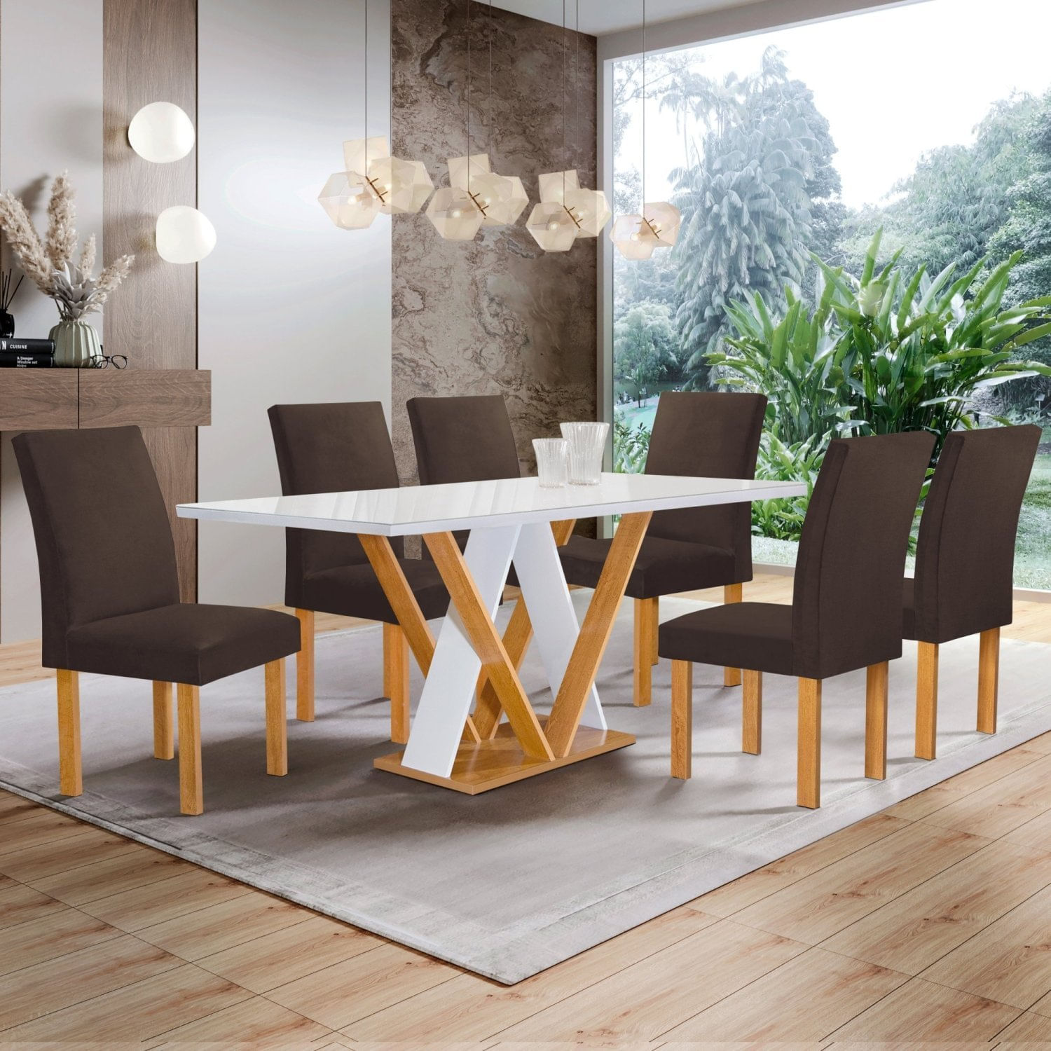 Conjunto Mesa Manuela 160cm Com 6 Cadeiras Canela Tampo Dakota Plus Com Vidro Cinamomo/off White/marrom