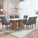 Conjunto Mesa Stella Ripada 170cm Com 6 Cadeiras Canela Tampo Smart Plus Com Vidro Chocolate/off White/veludo Cinza