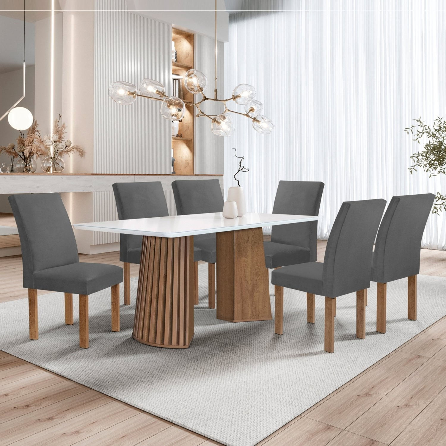 Conjunto Mesa Stella Ripada 170cm Com 6 Cadeiras Canela Tampo Smart Plus Com Vidro Chocolate/off White/veludo Cinza