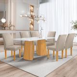 Conjunto Mesa Stella Ripada 170cm Com 6 Cadeiras Canela Tampo Smart Plus Com Vidro Cinamomo/off White/boucle Bege