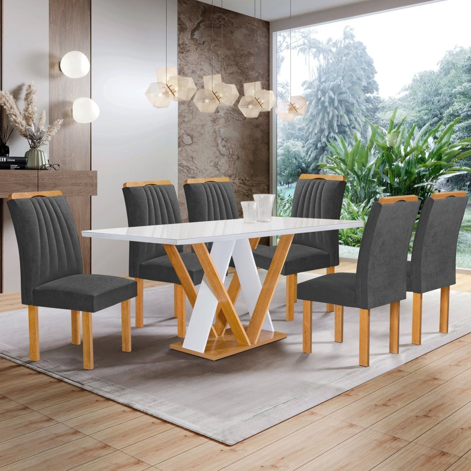 Conjunto Mesa Manuela 160cm Com 6 Cadeiras Arizona Tampo Dakota Plus Com Vidro Cinamomo/off White/cinza