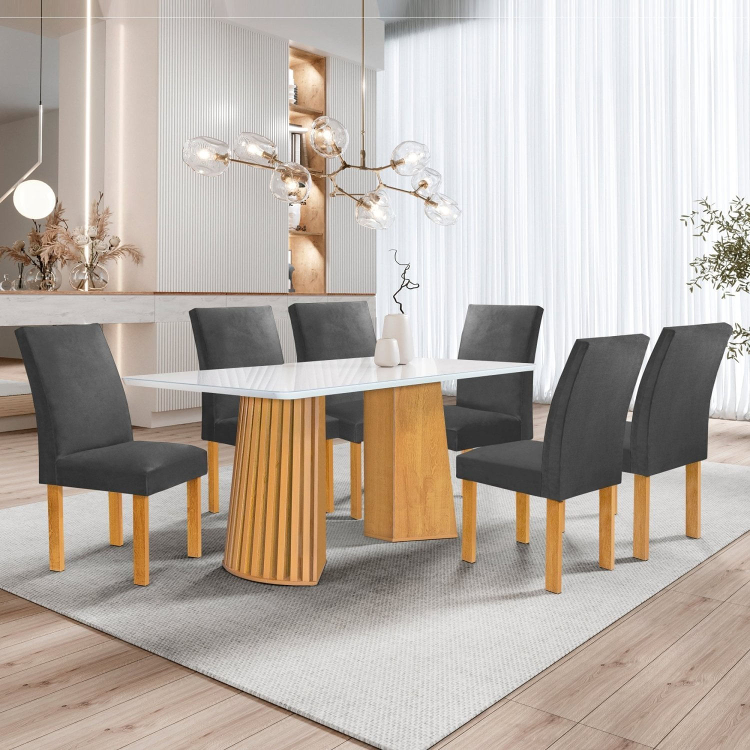 Conjunto Mesa Stella Ripada 170cm Com 6 Cadeiras Canela Tampo Smart Plus Com Vidro Cinamomo/off White/boucle Cinza