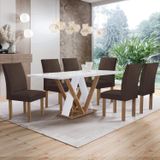 Conjunto Mesa Manuela 160cm Com 6 Cadeiras Canela Tampo Dakota Plus Com Vidro Chocolate/off White/marrom