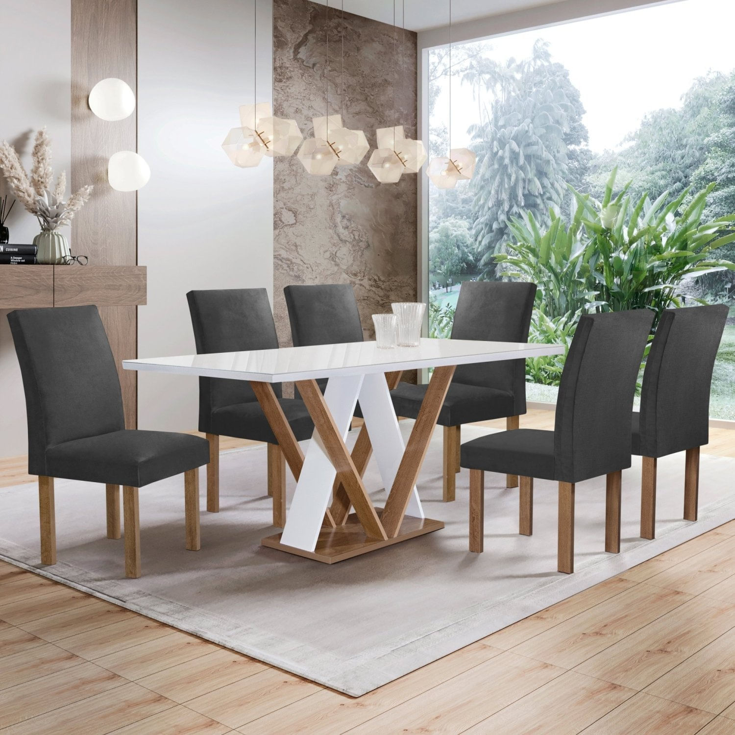 Conjunto Mesa Manuela 160cm Com 6 Cadeiras Canela Tampo Dakota Plus Com Vidro Chocolate/off White/cinza