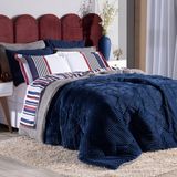 Kit Coberdrom Canelado Azul Marinho Casal Padrão 3 Pçs - Dupla Face Manta E Sherpa Colorida