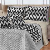 Kit Cobre Leito Colcha Chevron Premium Queen 8 Peças Dupla Face Estampado Xale Pompom - Cinza