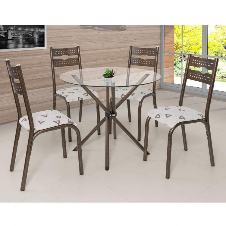 Conjunto de Mesa Redonda com Tampo de Vidro e 4 Cadeiras Julieta Espresso Móveis Bronze/Bege