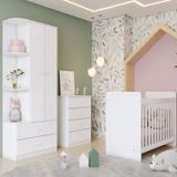 Quarto De Bebê Com Guarda-roupa 2 Portas Cômoda E Berço Labirinto Branco