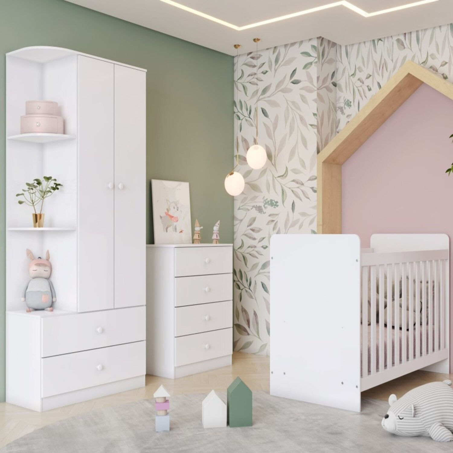 Quarto De Bebê Com Guarda-roupa 2 Portas Cômoda E Berço Labirinto Branco