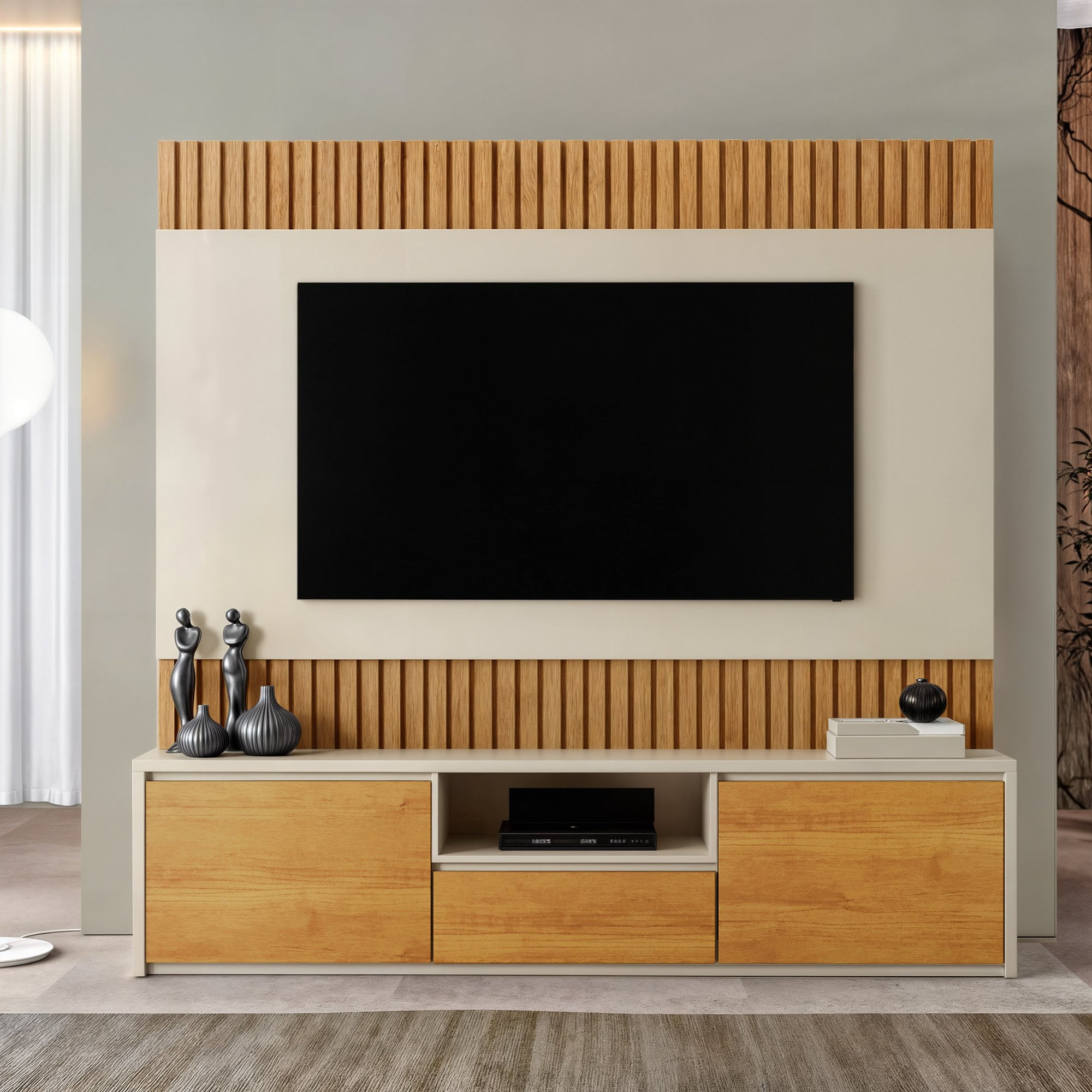 Estante Para Tv E Home 180cm Sem Led Com 3 Gavetas Boreal Off White/naturalle