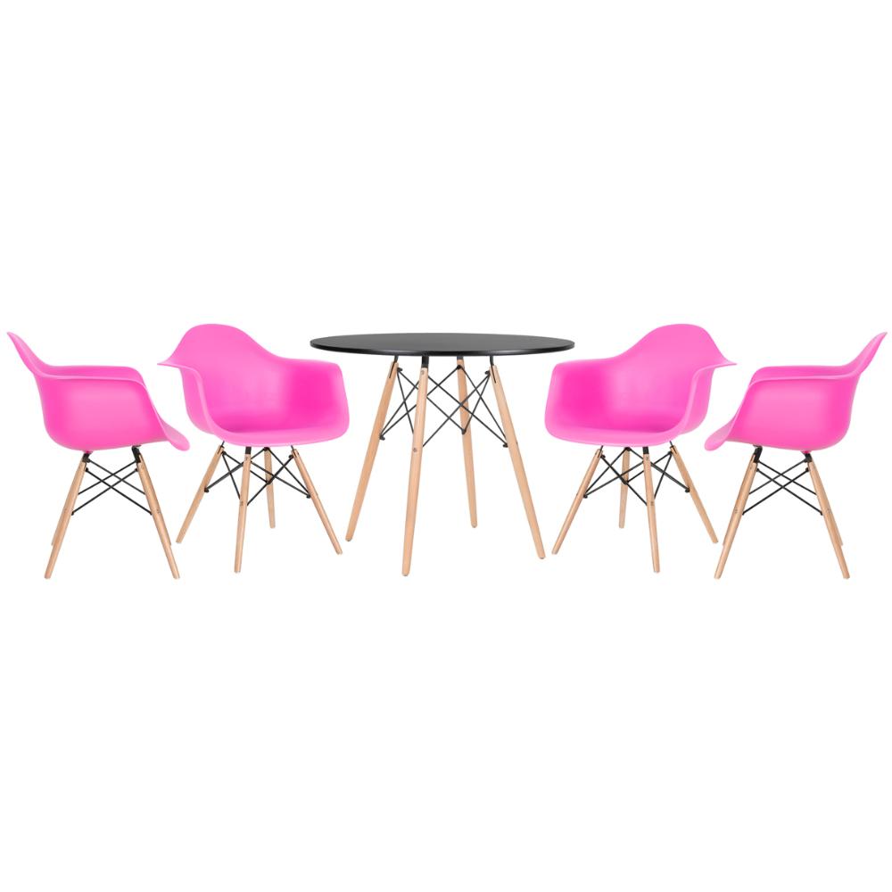 Mesa Redonda Eames 90 Cm Preto + 4 Cadeiras Eiffel Daw Rosa Pink