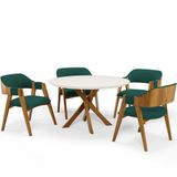 Mesa De Jantar Redonda Cora 120cm Off White M04 Com 04 Cadeiras Living Suran Bouclê Verde - Lyam