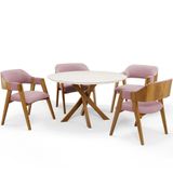 Mesa De Jantar Redonda Cora 120cm Off White M04 Com 04 Cadeiras Living Suran Bouclê Rosê - Lyam
