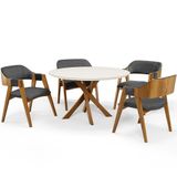 Mesa De Jantar Redonda Cora 120cm Off White M04 Com 04 Cadeiras Living Suran Linho Cinza Escuro - Lyam