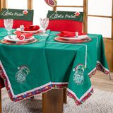 Toalha De Mesa Quadrada Avulsa Bordada Natalina Papai Noel Verde 1,50m X 1,50m Para 04 Lugares