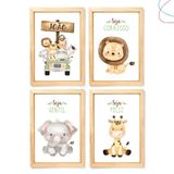 Kit 4 Quadros Decorativos Safari Baby Aquarela Moldura Vidro Cor Da Armação:pinus