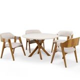 Mesa De Jantar Redonda Cora 120cm Off White M04 Com 04 Cadeiras Living Suran Linho Cru - Lyam