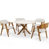 Mesa De Jantar Redonda Cora 120cm Off White M04 Com 04 Cadeiras Living Suran Bouclê Cru - Lyam