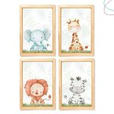 Kit 4 Quadros Decorativos Safari Aquarela Baby Moldura Vidro Cor Da Armação:pinus