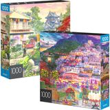 2-Pack de Quebra-Cabeças de Jigsaw de 1000 peças, para adultos, famílias e crianças de 8 anos ou mais, Costa Amalfitana e Jardim do Japão