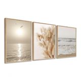 Kit 3 Quadros Decorativos Praia Folhagem Bege Boho Moderno Sala