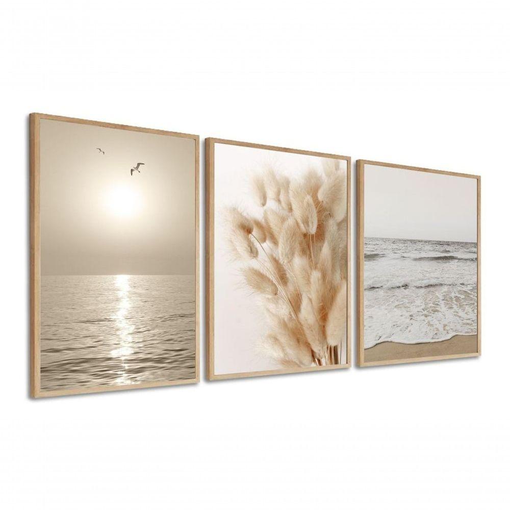 Kit 3 Quadros Decorativos Praia Folhagem Bege Boho Moderno Sala