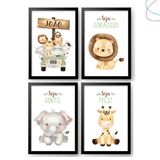 Kit 4 Quadros Decorativos Safari Baby Aquarela Moldura Vidro Cor Da Armação:preta