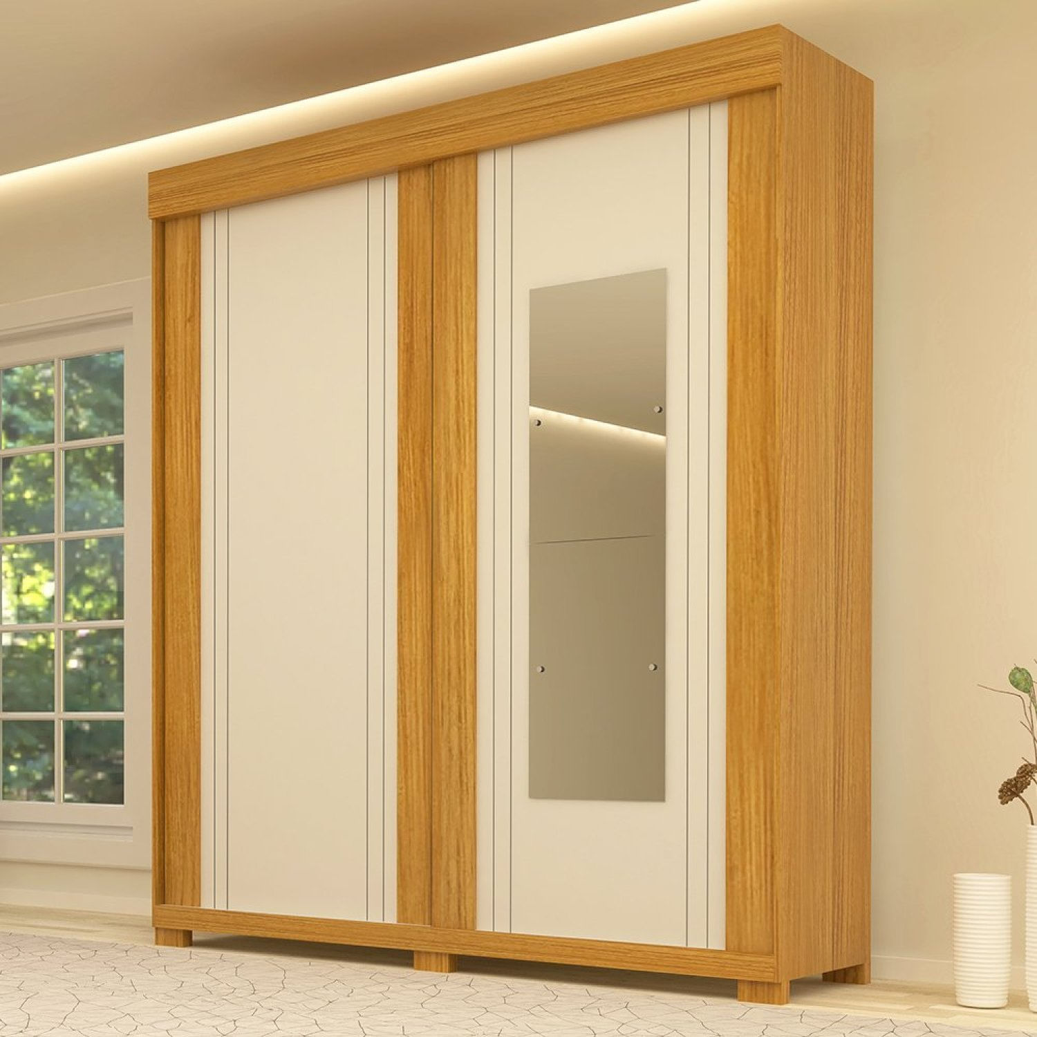 Guarda Roupa Casal 2 Portas De Correr Com Espelhos Flex Color 100% Mdf Yasamen Espresso Móveis Nature/off White