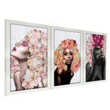 Quadros Decorativos 20x30 Mulheres Rosto Flores Rosas Kit 3 Titulos Moldura Branca