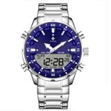 Relógio Masculino De Quartzo Digital Display Duplo Pulseira Em Aço Inoxidavel Impermeável Azul