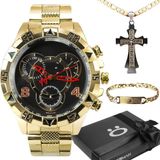 Relogio Dourado Prova Dagua + Pulseira + Caixa + Cordao Cruz Qualidade Presente Grande Ouro