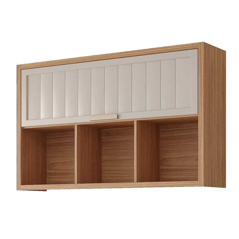 Armário Aéreo De Cozinha Mdf 120cm 1 Porta Basculante C- 3 Nichos Móveis Freijó-off White