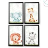 Kit 4 Quadros Decorativos Safari Aquarela Baby Moldura Vidro Cor Da Armação:preta