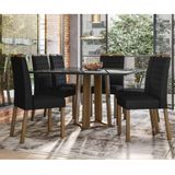 Conjunto Mesa De Jantar 1,35m Treviso Tampo Mdf Com Vidro E 6 Cadeiras Mariah Amendoa Preto