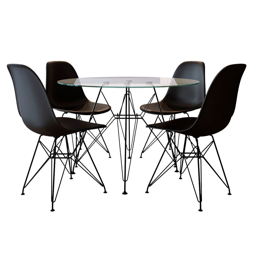 Mesa Jantar Eames De Ferro Preto Tampo Redondo Vidro  110cm 4 Cadeiras Preta