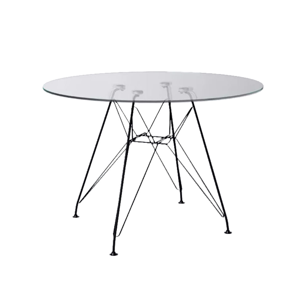 Mesa Eiffel Redonda 90cm Tampo De Vidro Com Base De Ferro Preto