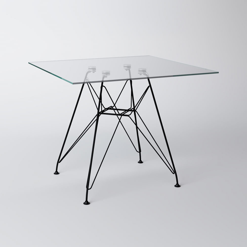 Mesa Eiffel Quadrada 90cm Tampo De Vidro Com Base De Ferro Preto