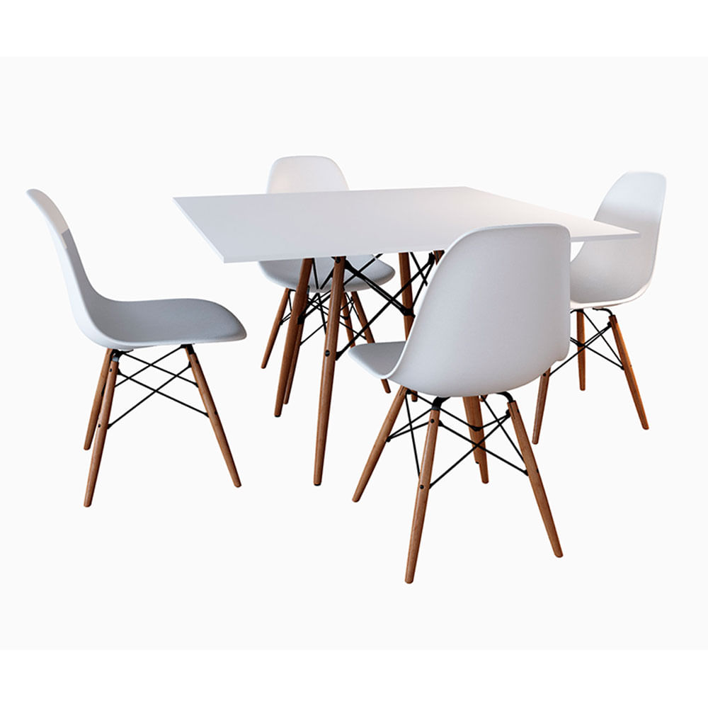 Conjunto De Mesa De Jantar Eames Eiffel Quadrada 90cm Tampo De Madeira Branco Com 4 Cadeiras Brancas