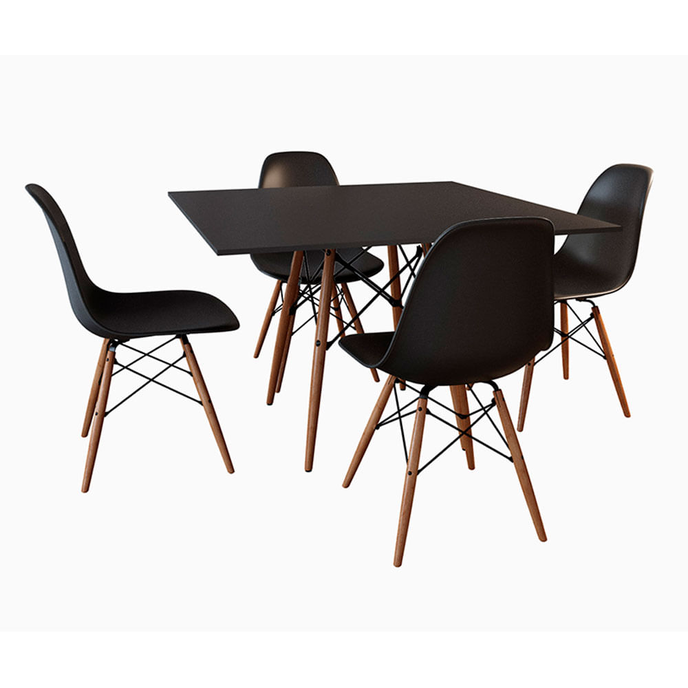 Conjunto De Mesa De Jantar Eames Eiffel Quadrada 90cm Tampo De Madeira Preto Com 4 Cadeiras Pretas