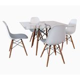 Conjunto De Mesa De Jantar Eames Eiffel Quadrada 90cm Tampo De Vidro Com 4 Cadeiras Brancas