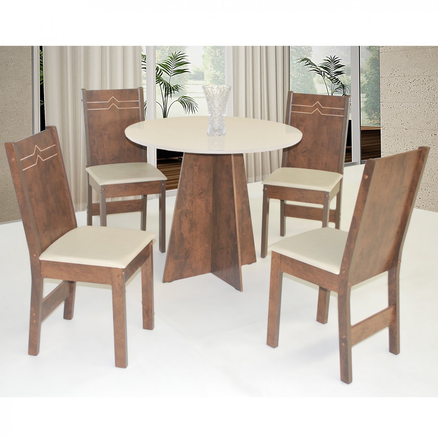 Conjunto Sala De Jantar Mesa Redonda Elane Com 4 Cadeiras Elane  Café/off White