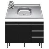 Balcão De Cozinha Com Pia Inox 100cm 3 Gavetas Andréia Preto