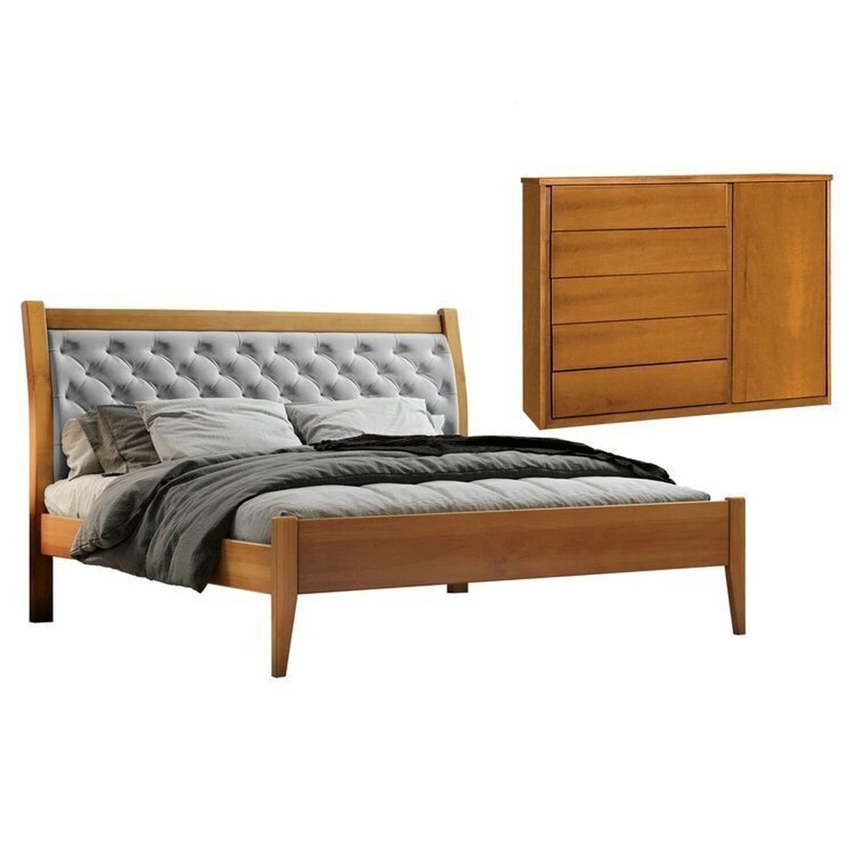 Conjunto Quarto De Casal Cama 140cm E Cômoda 5 Gavetas 1 Porta Com Sapateira Amêndoa Mel/cinza Claro