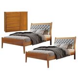 Conjunto Quarto De Solteiro 2 Camas E Cômoda 5 Gavetas 1 Porta Com Sapateira Amêndoa Mel/cinza Claro