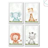 Kit 4 Quadros Decorativos Safari Aquarela Baby Moldura Vidro Cor Da Armação:branca