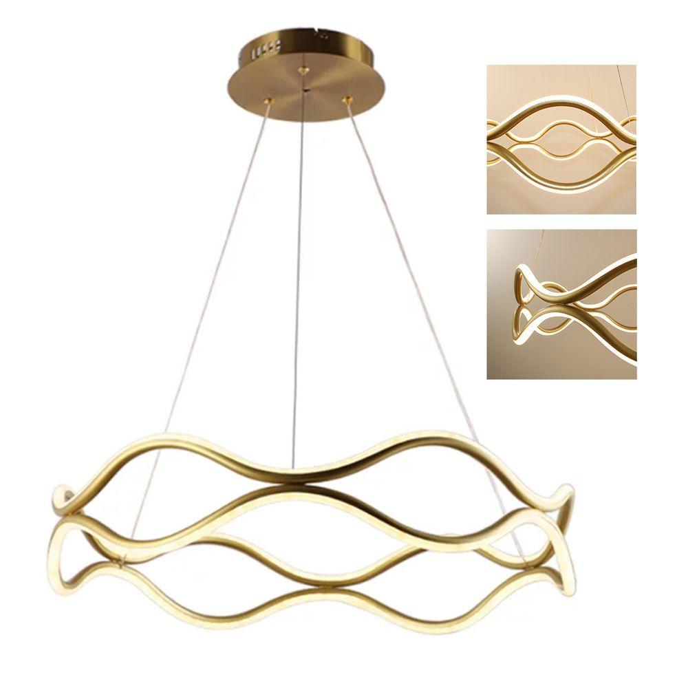 Luminaria Lustre Pendente 3 Em 1 Ondas Infinito Led 52w Aneis Arco Dourado Luxo Sala De Jantar Resta