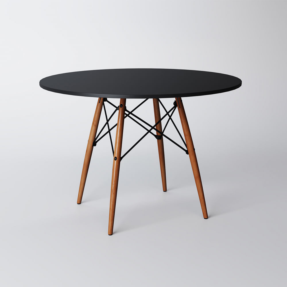 Mesa De Jantar Redonda Eames Eiffel Preta 90cm Base Madeira Maciça