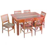 Conjunto Mesa De Jantar 1,5m 6 Cadeiras Madri Madeira Maciça Com Pátina