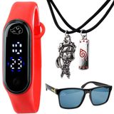 Relogio Digital Infantil Naruto Led + Colar Duplo + Oculos Protecao Uv Best Friend Presente Vermelho