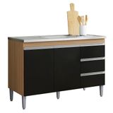 Balcão De Cozinha Com Pia Inox 100cm 3 Gavetas Andréia Amêndoa/preto - Ajl Móveis